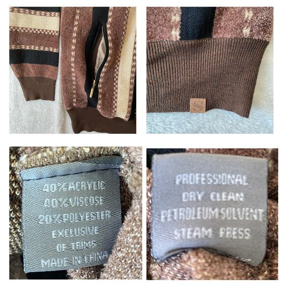 Silversilk Mens 70s Retro Shawl Collar Striped Zip Up Cardigan Sweater 4XL Brown - Picture 6 of 7